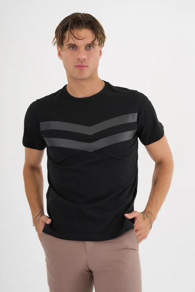 Erkek Siyah Baskılı %100 Pamuklu Standart Kalıp T-Shirt