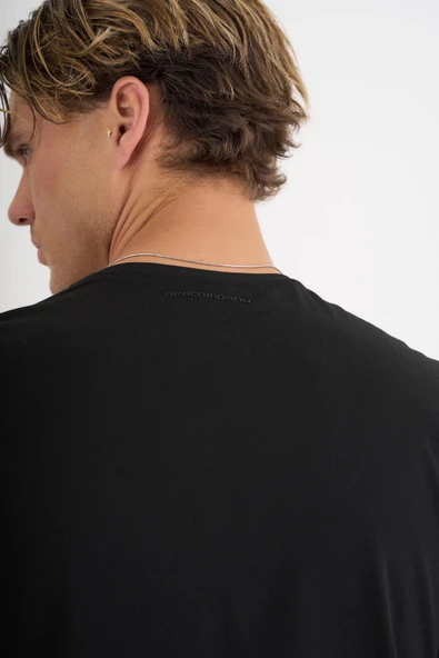 Erkek Siyah Baskılı %100 Pamuklu Standart Kalıp T-Shirt - 9