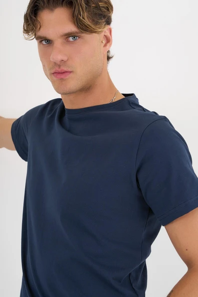 Erkek Lacivert %100 Pamuklu Standart Kalıp T-Shirt - 9