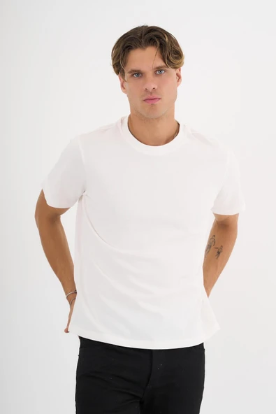 Erkek Ekru %100 Pamuklu Standart Kalıp T-Shirt - 8