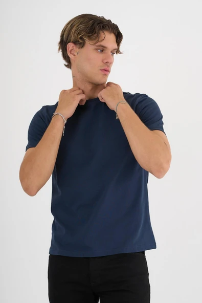 Erkek Lacivert %100 Pamuklu Standart Kalıp T-Shirt - 6