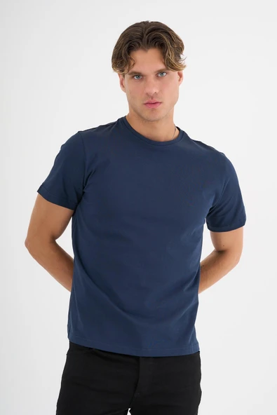 Erkek Lacivert %100 Pamuklu Standart Kalıp T-Shirt - 8