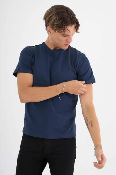 Erkek Lacivert %100 Pamuklu Standart Kalıp T-Shirt - 7