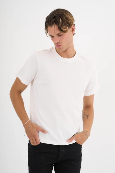 Erkek Ekru %100 Pamuklu Standart Kalıp T-Shirt - 5
