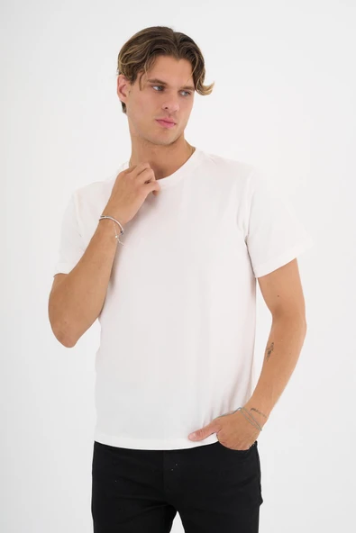 Erkek Ekru %100 Pamuklu Standart Kalıp T-Shirt - 4