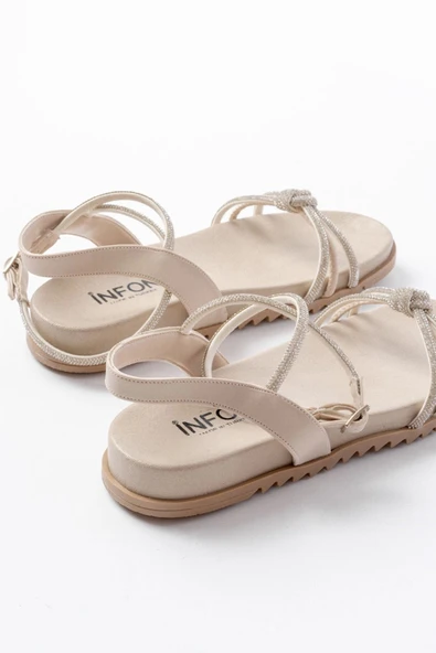 1001-1120 Bej Gümüş Taşlı Günlük Kadın Sandalet - Resim 5