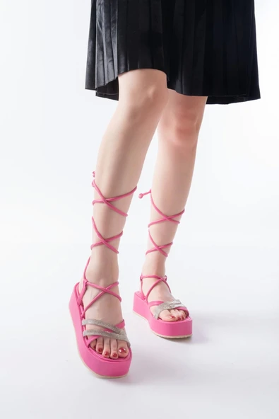 861-1010 Fuşya Gümüş Taşlı Bilekten Bağlamalı Kadın Sandalet - Resim 4