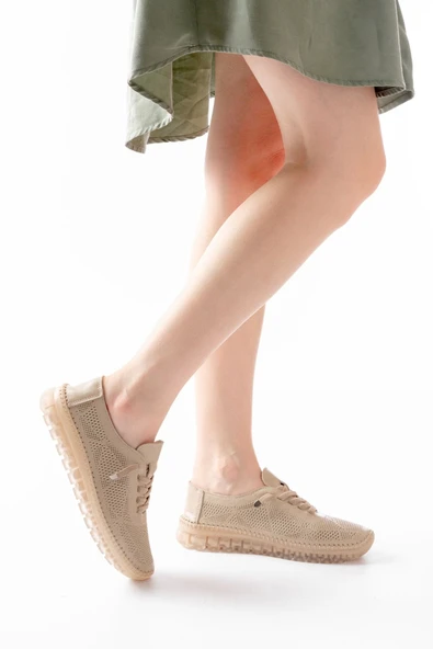 S-365  Bej Desenli Hakiki Deri Şeffaf Taban Kadın Spor Ayakkabı ürün görseli 1