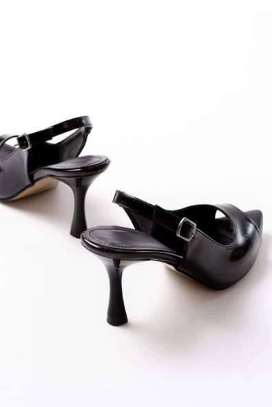 717 Siyah Rugan Sivri Burunlu Topuklu Kadın Sandalet - Resim 5