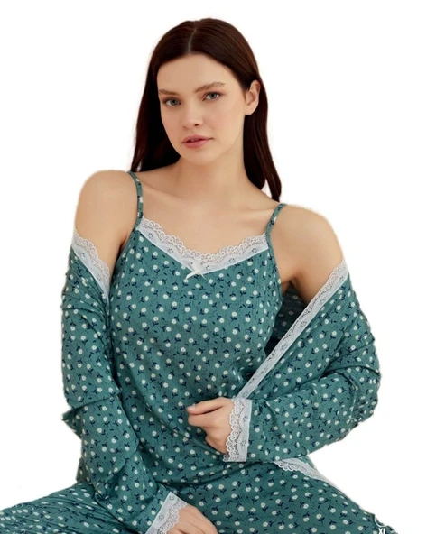 AURA MILANO Tasarım 3 Parça Kadın Pijama Takımı Şık Sabahlıklı ve Konforlu S/XL ürün görseli