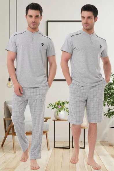 Mecit 2980 Gri Büyük Beden 3 Parça Erkek Şortlu Pijama Takımı ürün görseli