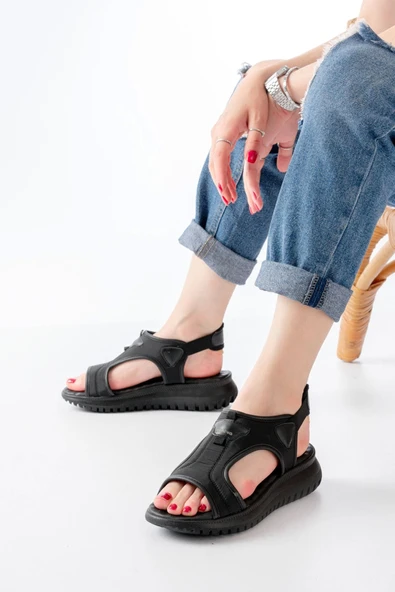 T-221 Siyah Spring Paraşüt Kumaş Lastikli Ortopedik Kadın Sandalet - Resim 2