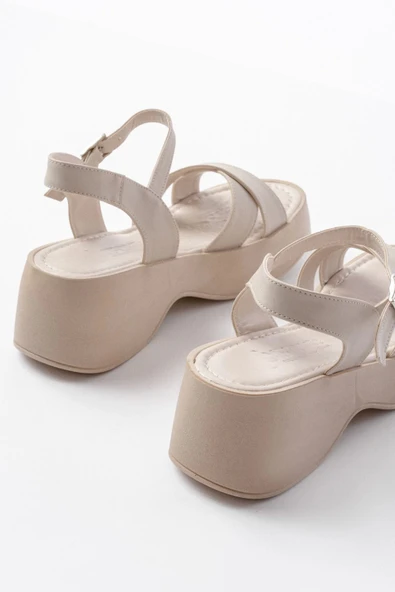 24414-1005 Bej Günlük Çapraz Dolgu Topuk Kadın Sandalet - Resim 5