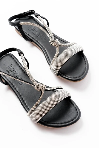 152-1104 Siyah Gümüş Taşlı Günlük Kadın Sandalet - Resim 4