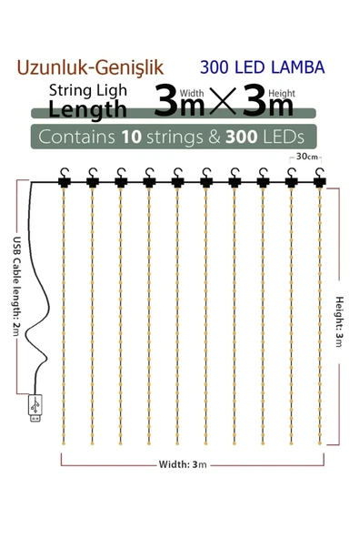 8 Fonksiyonlu Peri Perde Led Uzaktan Kumandalı Günışığı Perde Peri Led (3 Mt X 3 Mt) - Resim 3