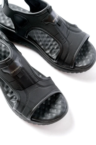 T-221 Siyah Spring Paraşüt Kumaş Lastikli Ortopedik Kadın Sandalet - Resim 5