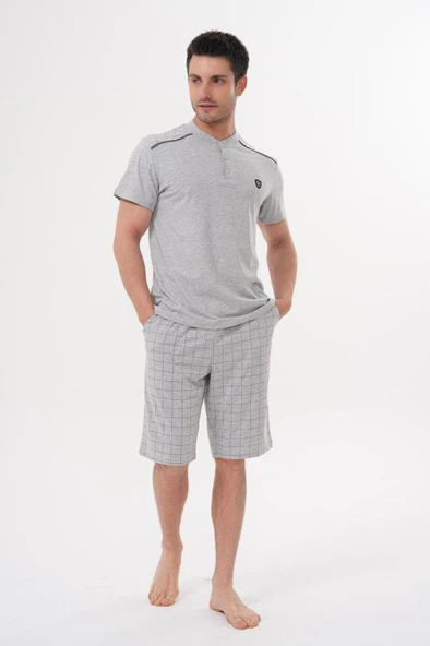 Mecit 2980 Gri Büyük Beden 3 Parça Erkek Şortlu Pijama Takımı - Resim 3