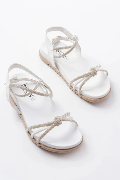 1001-1120 Beyaz Gümüş Taşlı Günlük Kadın Sandalet - Resim 5