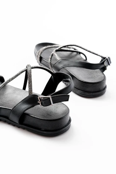 1001-1105 Siyah Platin Taşlı Günlük Kadın Sandalet - Resim 5