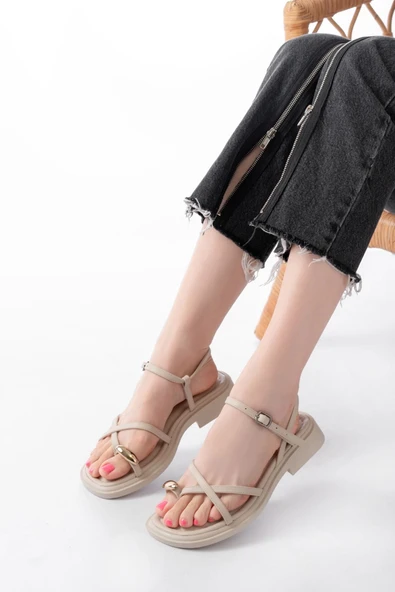 S-101 Bej Parmak Arası Taş Detaylı Günlük Kadın Sandalet - Resim 2