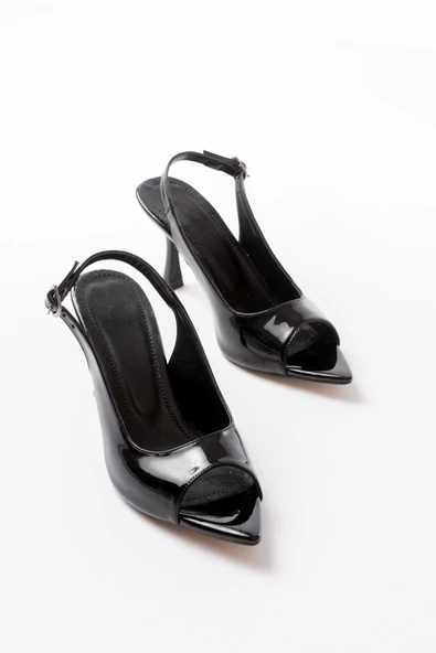 717 Siyah Rugan Sivri Burunlu Topuklu Kadın Sandalet - Resim 3