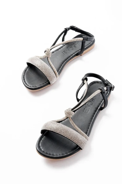 152-1104 Siyah Gümüş Taşlı Günlük Kadın Sandalet - Resim 3