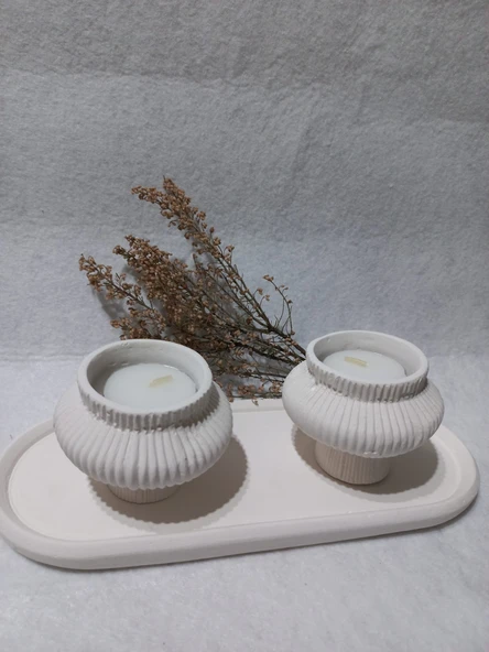 TABAKLI 2'Lİ FİJİ MUMLUK SET BEYAZ - Resim 2