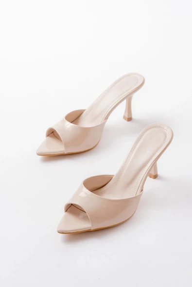 716 Bej Rugan Sivri Burunlu Topuklu Kadın Terlik - Resim 4