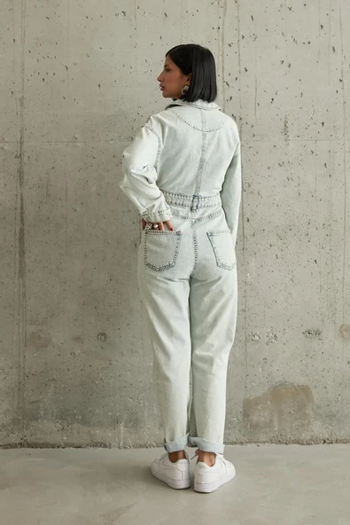 Kar Yıkama Blue Denim Tulum - Resim 4