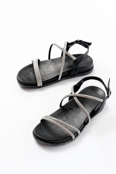 1001-1105 Siyah Gümüş Taşlı Günlük Kadın Sandalet - Resim 3