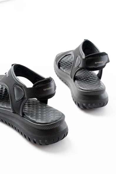 T-221 Siyah Spring Paraşüt Kumaş Lastikli Ortopedik Kadın Sandalet - Resim 3