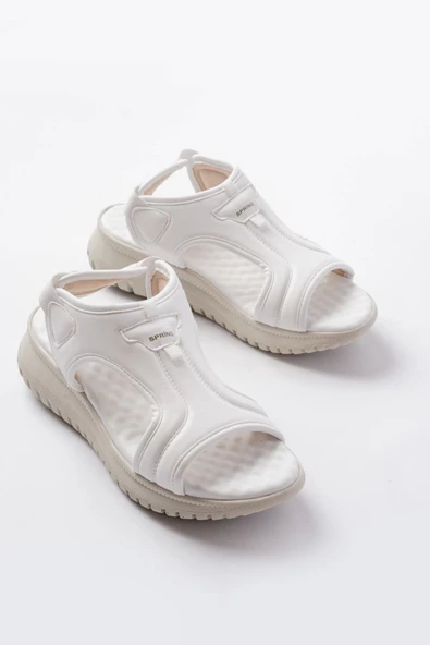 T-221 Beyaz  Spring Paraşüt Kumaş Lastikli Ortopedik Kadın Sandalet - Resim 4