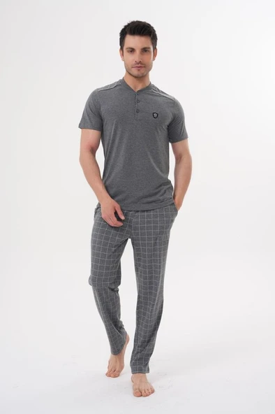 Mecit 2980 Füme Büyük Beden 3 Parça Erkek Şortlu Pijama Takımı - Resim 2