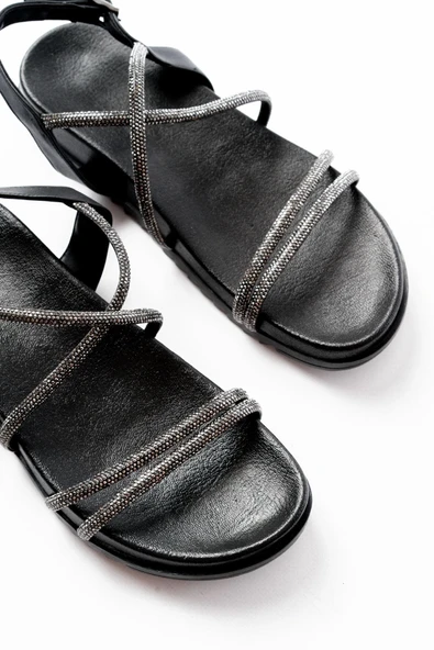 1001-1105 Siyah Platin Taşlı Günlük Kadın Sandalet - Resim 4