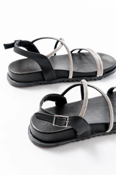 1001-1105 Siyah Gümüş Taşlı Günlük Kadın Sandalet - Resim 5