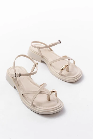 S-101 Bej Parmak Arası Taş Detaylı Günlük Kadın Sandalet - Resim 5