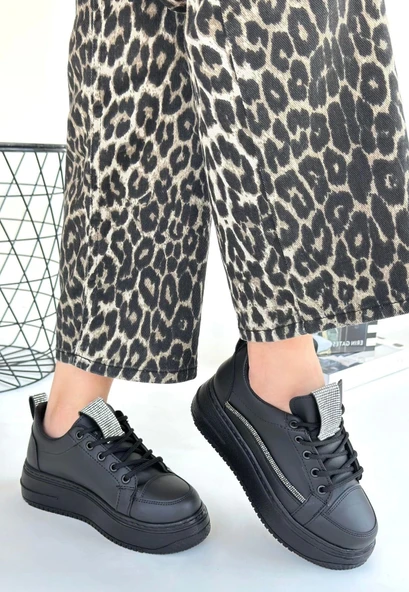 Leope Siyah Cilt Bağcıklı Spor Ayakkabı - Resim 2