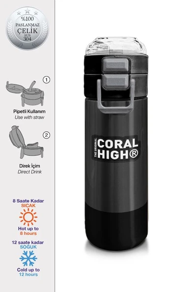 Coral High 500 ml Koyu Gri Siyah Desenli - Erkek Çocuk Paslanmaz Çelik Okul Termosu/Suluk/Matara - Resim 2