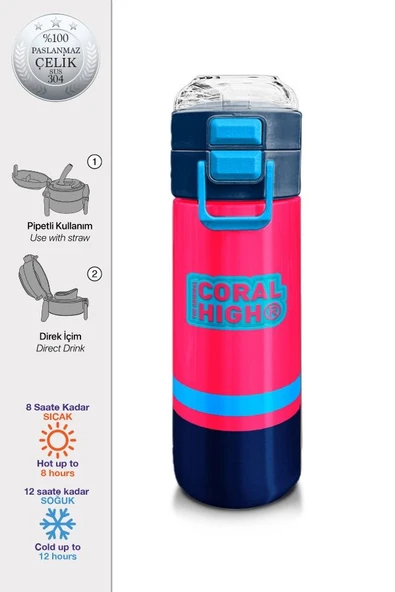 Coral High 500 ml Erkek Çocuk Pipetli Termos/Matara - Neon Mercan Lacivert  - Çift Kullanım Özelliği - Resim 2