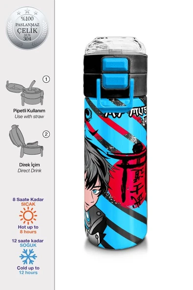 Coral High 500 ml Paslanmaz Çelik Okul Termosu/Suluk/Matara - Kız Çocuk - Siyah Mavi Anime Desenli - Sızdırma Yapmaz - 2
