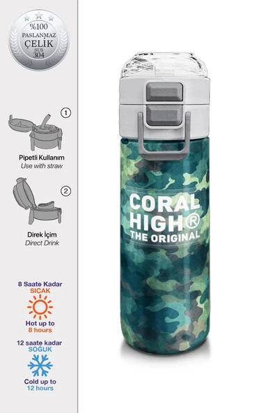 Coral High 500 ml Erkek Çocuk Pipetli Termos/Matara - Nefti Kamuflaj Desenli  - Çift Kullanım Özelliği - Resim 2