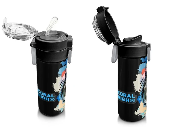 Coral High 500 ml Gri Siyah Kurt Desenli - Erkek Çocuk Paslanmaz Çelik Okul Termosu/Suluk/Matara - Resim 4