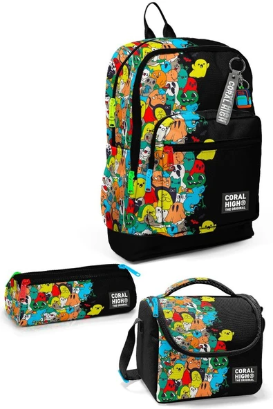 Coral High Kids Siyah Karikatür Desenli 3'lü Okul Çanta Seti SET0123774 - Erkek