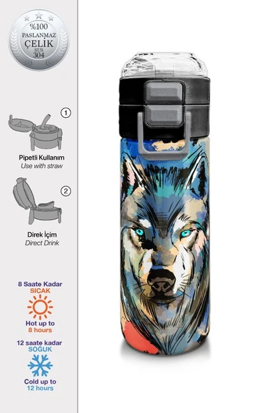 Coral High 500 ml Gri Siyah Kurt Desenli - Erkek Çocuk Paslanmaz Çelik Okul Termosu/Suluk/Matara - Resim 2