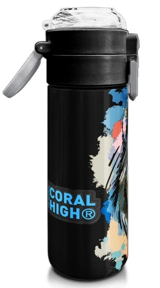 Coral High 500 ml Gri Siyah Kurt Desenli - Erkek Çocuk Paslanmaz Çelik Okul Termosu/Suluk/Matara - Resim 3