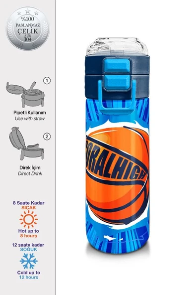 Coral High 500 ml Lacivert Mavi Basketbol Desenli - Erkek Çocuk Paslanmaz Çelik Okul Termosu/Suluk/Matara - Resim 2