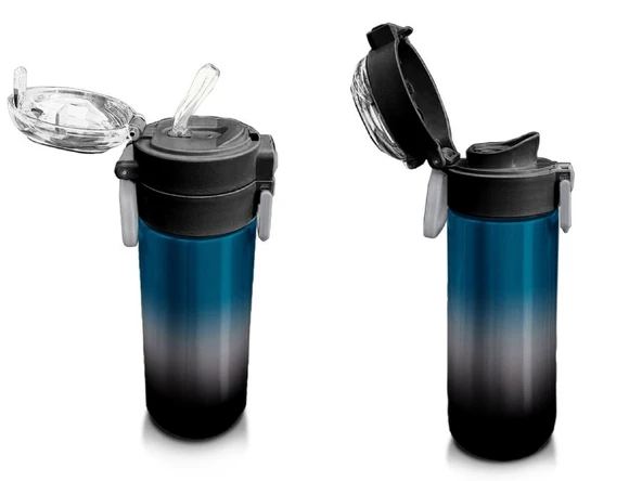 Coral High 500 ml Erkek Çocuk Pipetli Termos/Matara - Nefti Gri Renk Geçişli - Çift Kullanım Özelliği - Resim 4