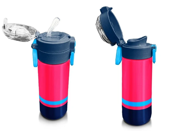 Coral High 500 ml Erkek Çocuk Pipetli Termos/Matara - Neon Mercan Lacivert  - Çift Kullanım Özelliği - Resim 4