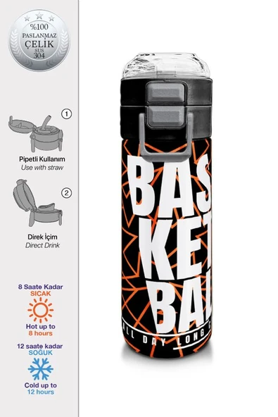 Coral High 500 ml Paslanmaz Çelik Okul Termosu/Suluk/Matara - Erkek Çocuk - Siyah Basketbol Baskılı - Sızdırma Yapmaz - Resim 2
