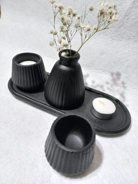 PAMPAS VAZOLU TABAKLI İKİLİ TEALİGHT MUMLUK SET SİYAH - Resim 2